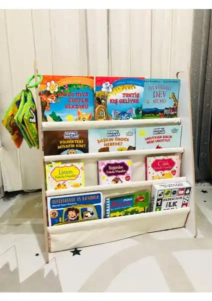 Olcay Aksesuar Montessori Çocuk ve Bebek Odası Taşınabilir Kitaplık 4 Raflı Bez Kumaş Tasarımı