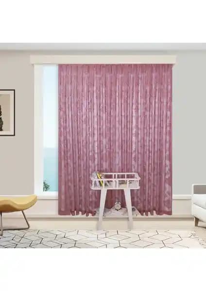 Perhal Damaks Osmanlı Desen Pembe-Gül Kurusu Tül Perde Estetik ve Kullanışlı Tasarım