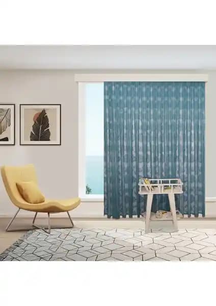 Perhal Damaks Osmanlı Desen Petrol Mavisi ve Turkuaz Tül Perde Yüksek Kalite ve Şıklık