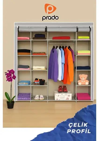 Prado Easy Xtra Çift Yandan Raflı Çelik Profilli Bez Dolap Gri Renkli Dayanıklı Depolama Ünitesi