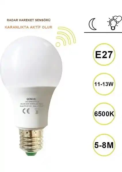 Qenos RADAR Sensörlü LED Ampul 12 W E-27 Beyaz - Enerji Verimli Otomatik Aydınlatma Çözümü