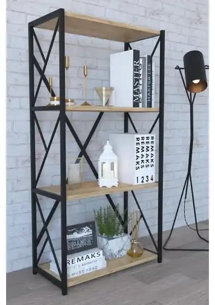 Remaks 4 Raflı Metal Kitaplık Meşe Rengi Sağlam ve Estetik Depolama Ünitesi