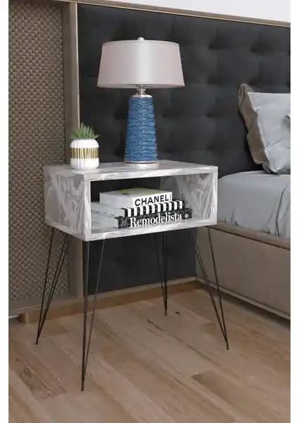 Remaks Elit Metal Ayaklı Komodin Beyaz Mermer Yüzey Modern ve Şık Tasarım