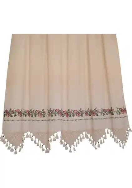 Tuncay Tekstil Buldan Perde Kırmızı Kanaviçe ve El İşi Dantelli Estetik