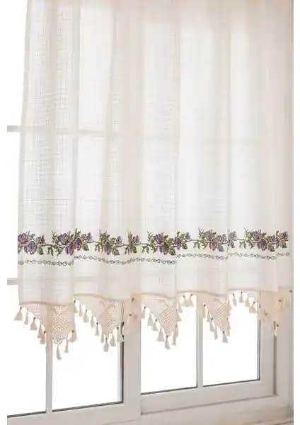 Tuncay Tekstil Mor Kanaviçe El Dantelli Perde Doğal Pamuklu ve Kolay Montajlı Tasarım