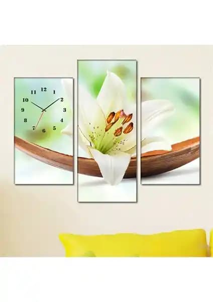 Acacia Bowl Lily 3 Parçalı Simetrik Canvas Tablo Saat Modern Duvar Dekoru