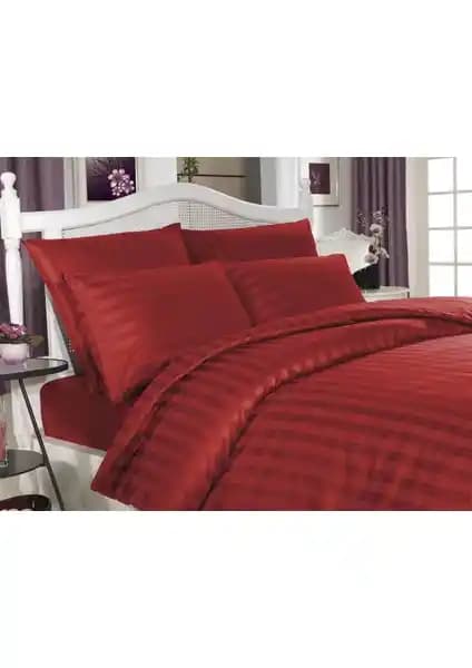 Altınbaşak Çift Kişilik Pamuk Saten Çizgili Nevresim Takımı Kırmızı Modern Tasarım