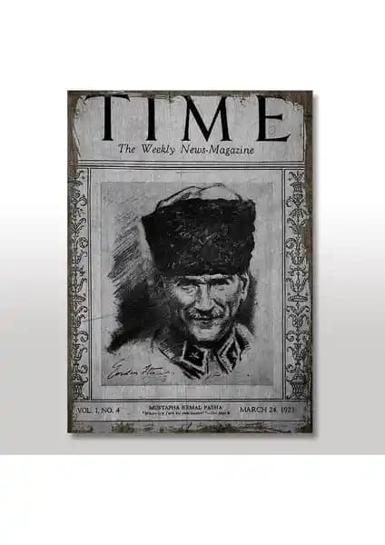 Atatürk ve Time Gazetesi Temalı Ahşap Tablo 25x35 cm Modern Dekorasyon İçin Uygun