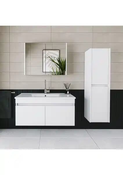 Banos Roomart 2 Kapaklı Lavabolu Beyaz MDF 100 cm Banyo Dolabı ve Özellikleri