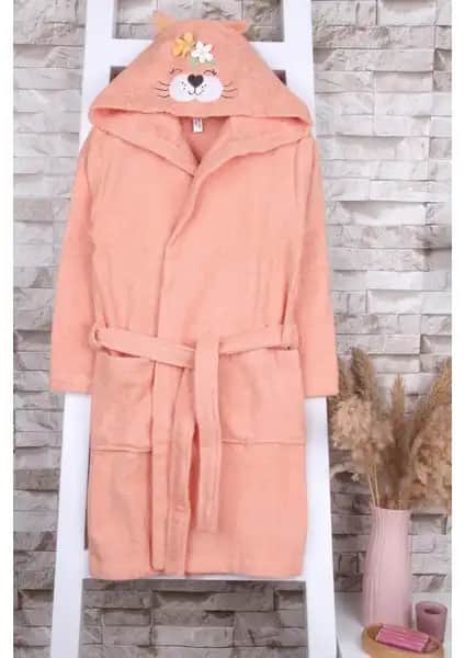Baveno %100 Pamuk Kapüşonlu Çiçekli Kedi Nakışlı Çocuk Bornozları ve Setleri