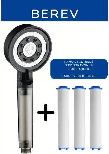 Berev Filtreli 5 Fonksiyonlu Siyah Yüksek Basınçlı Duş Başlığı: Estetik ve Sağlıklı Duş Deneyimi