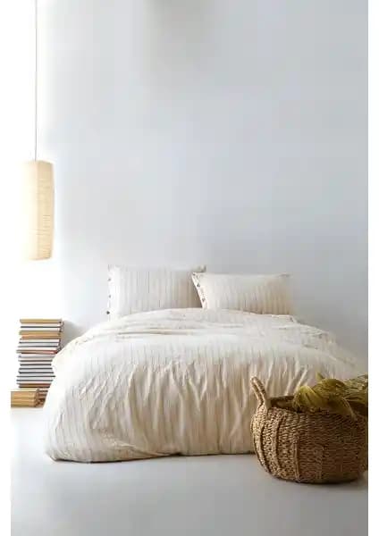 Berolige Sunday Pamuklu Tek Kişilik Çizgili Nevresim Takımı Kahverengi Modern Tasarım