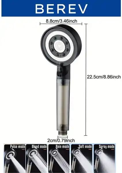 Beverv Filtreli 5 Fonksiyonlu Siyah Yüksek Basınçlı Ayarlanabilir Duş Başlığı