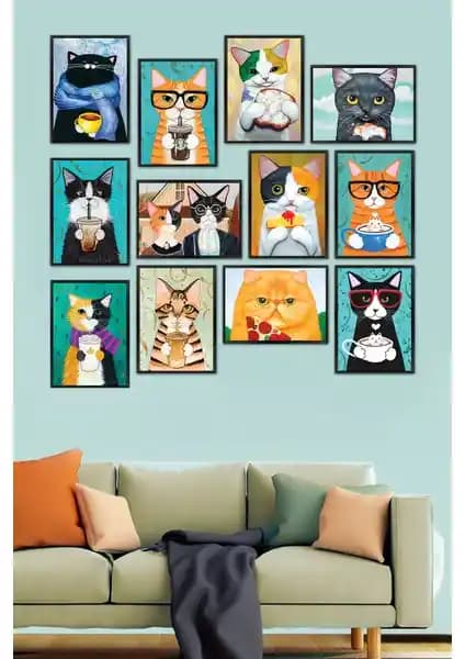Biz Dijital 12 Parça Kedili MDF Tablo Seti Modern ve Dayanıklı Duvar Dekorasyonu İçin