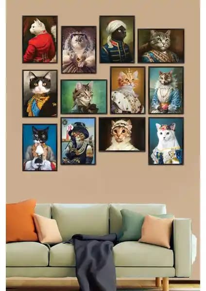 Biz Dijital 12 Parça MDF Kedi Portreleri Tablo Seti Modern Dekorasyon İçin Uygun