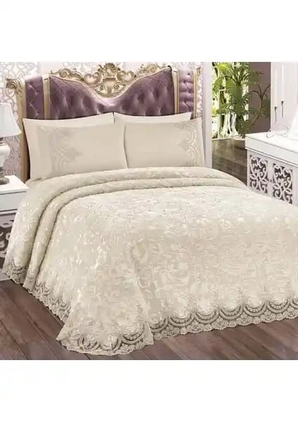Bonny Home Fransız Dantelli Çift Kişilik Krem Battaniye Takımı: Şıklık ve Dayanıklılık Bir Arada