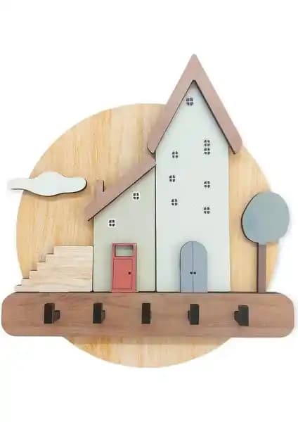 CajuArt Pastel Renkli Evler Ahşap Anahtarlık ve Duvar Dekoru Modern ve Şık Tasarım