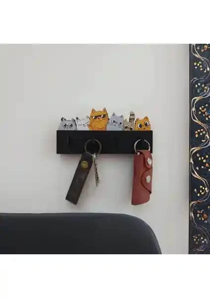 CajuArt Renkli Kedili Duvar Askılığı Anahtarlık Modern ve Dayanıklı Ahşap Tasarım