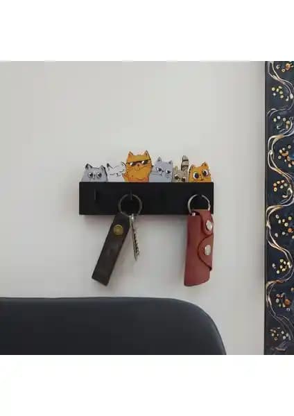 CajuArt Renkli Kedili Duvar Askılığı Anahtarlık Modern ve Dayanıklı Ahşap Tasarım