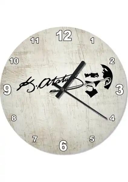 Cakasepetim Çizik Zeminde Atatürk İmza Tasarımlı Modern Duvar Saati 30x30 cm