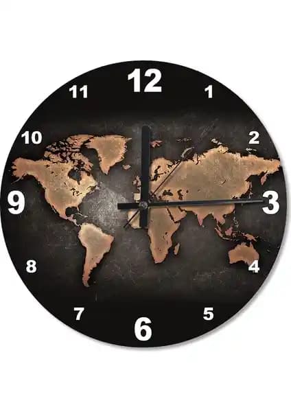 Cakasepetim Siyah Zeminde Dünya Haritası Baskılı Modern Duvar Saati