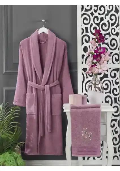 Casnack Mürdüm Renkli Kadın Havlulu Bornoz Seti 2'li Konfor ve Şıklık İçin Uygun