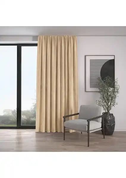Demor Home Kadife Dokulu Ekstrafor Büzgülü Kum Beji Perde Yüksek Kalite ve Estetik Çözüm
