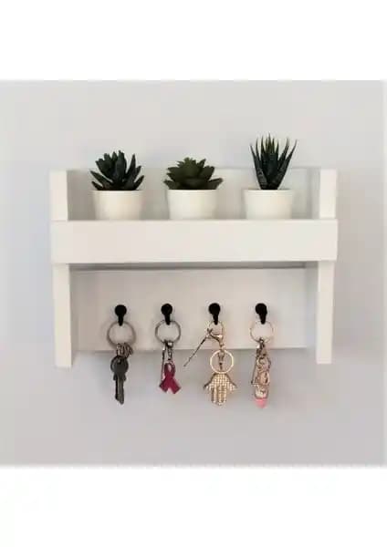 Eblo Home 31 cm Beyaz El Yapımı Ahşap Çok Amaçlı Antre Duvar Askılık ve Anahtarlık
