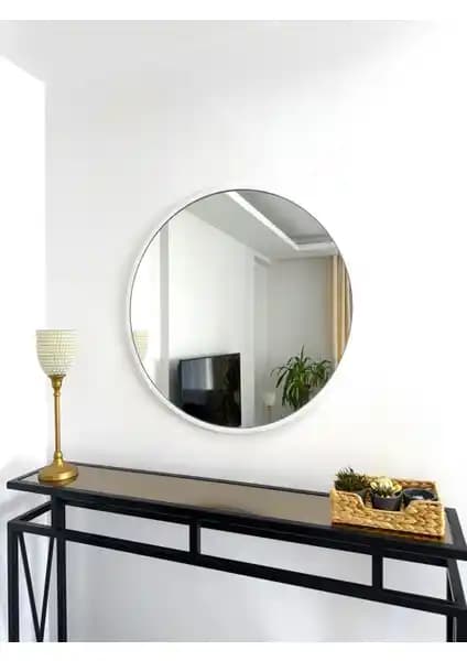 Effe Yapı Dekor Beyaz Metal Çerçeveli 70 cm Yuvarlak Ayna Modern ve Dayanıklı Tasarım