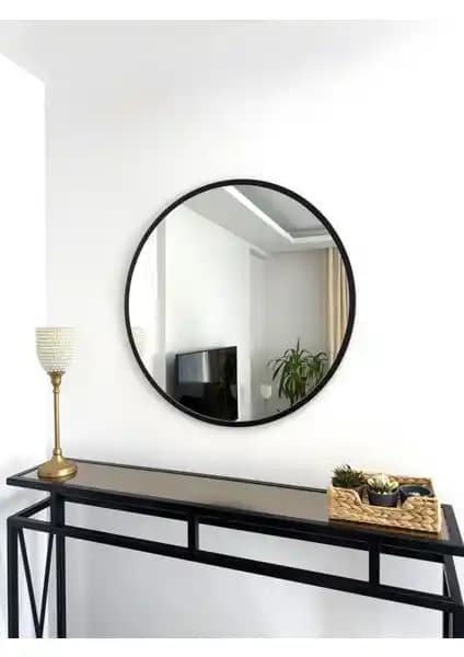 Effe Yapı Dekor Siyah Metal Çerçeveli 70 cm Yuvarlak Ayna Modern İç Mekan Dekoru İçin