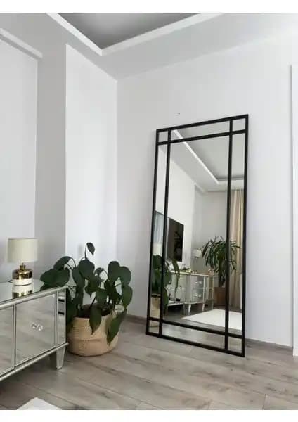 Effe Yapı Dekor Siyah Metal Çerçeveli Modern Büyük Duvara Asılan Ayna 180x80 cm
