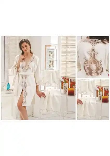 Elvira Home Bambu Havlu Fransız Dantelli Lüks Bayan Bornoz Takımı Seti 4 Parça