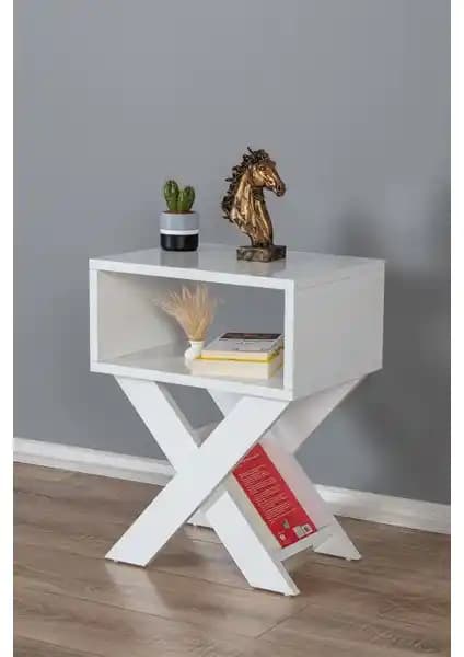 Enda Home X Ayaklı Dergilikli Başucu Komodin Beyaz Modern Tasarım ve Çok Amaçlı Kullanım