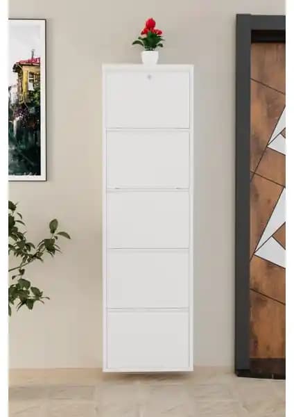 EVDEMO Kilitli 5 Kapaklı Metal Ayakkabılık Beyaz Modern Depolama Çözümü