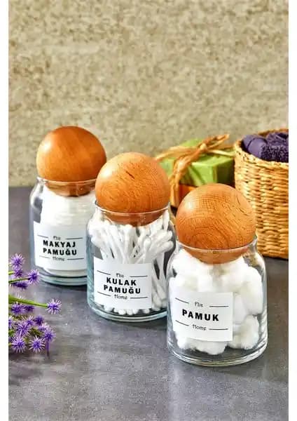 Fbz Home 3'lü Top Kapaklı Cam Kulak ve Makyaj Pamuğu Seti Güzellik ve Bakım İçin Uygun