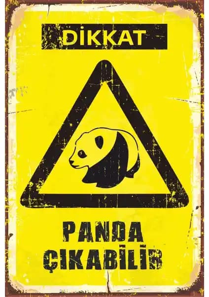 Hayat Poster Dikkat Panda Çıkabilir Retro Vintage Ahşap Duvar Dekoru 20x30 cm