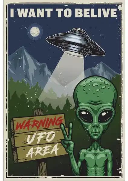 Hayat Poster Dikkat Uzaylı Retro Vintage Ahşap Poster Dekorasyon İçin Şık ve Dayanıklı Parça