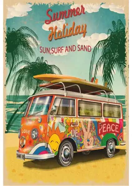 Hayat Poster Yaz Tatili ve Vosvos Retro Vintage Ahşap Poster Dekorasyon Parçası