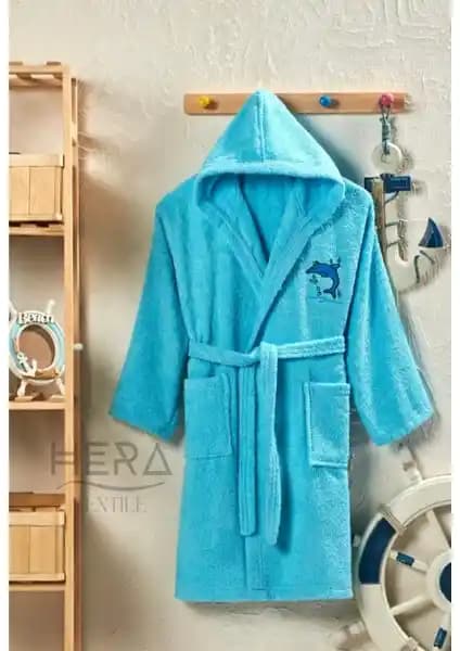 Hera Textile Unisex Pamuklu Turkuaz Çocuk Bornozu Konfor ve Şıklık Sağlar