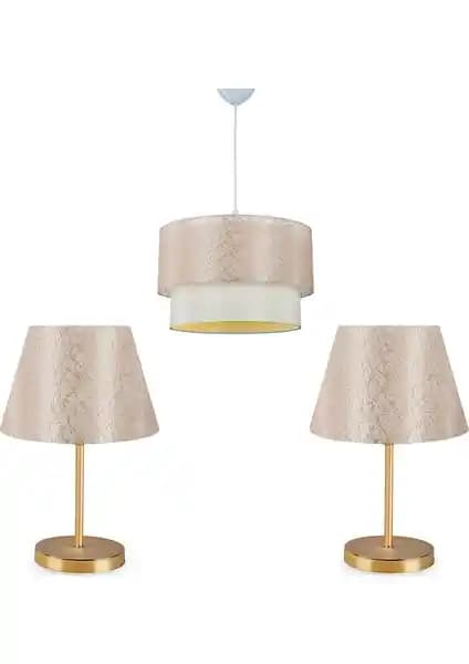 Homing Şampanya Dantel Kumaş Sarkıt Avize ve Lara Gold Abajur Seti: Modern ve Şık İç Mekan Aydınlatması