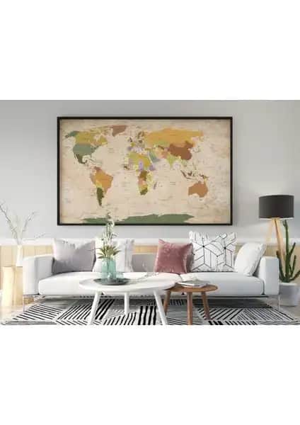 İdora Eskitme Vintage Dünya Haritası Kanvas Tablo: Şık ve Dayanıklı Ev Dekorasyon Fikriniz