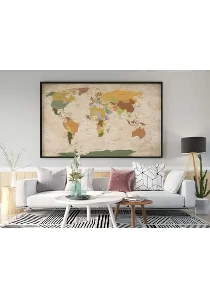 İdora Eskitme Vintage Dünya Haritası Kanvas Tablo: Şık ve Dayanıklı Ev Dekorasyon Fikriniz