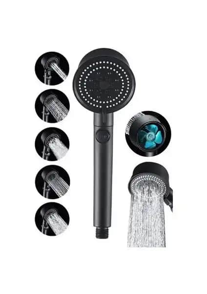 Kitchen Live Turbo Fan Pervaneli Duş Başlığı Siyah Beş Fonksiyonlu Su Tasarruflu Modern Tasarım