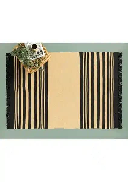 Lara Tiar Dokuma Kilim 60x100 cm Krem Siyah Modern ve Şık Ev Dekorasyonu Halısı