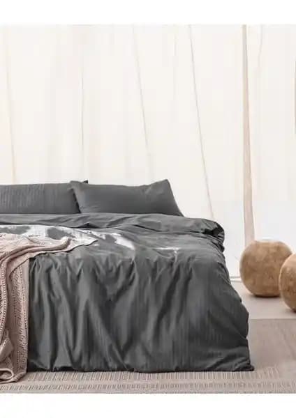 Madame Coco Adrien Tek Kişilik Pamuklu Çizgili Koyu Gri Nevresim Takımı