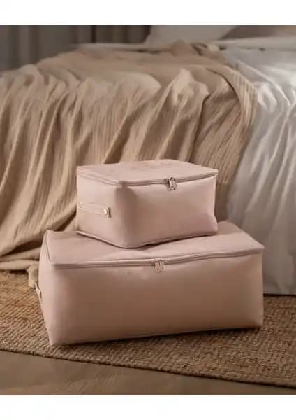 Madame Coco Çiçek Desen Baskılı 2'li Hurç Seti Pudra Renkle Şık ve Pratik Depolama Çözümü