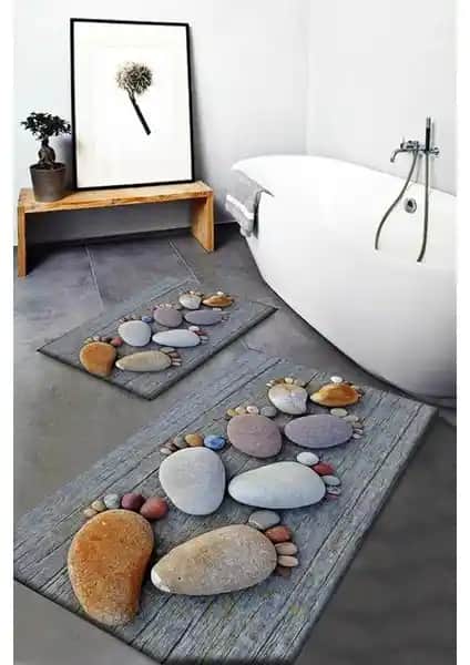 Marka Halı Gri Ayak Taşları Desenli Yıkanabilir Kaymaz Tabanlı Banyo Halısı ve Klozet Takımı