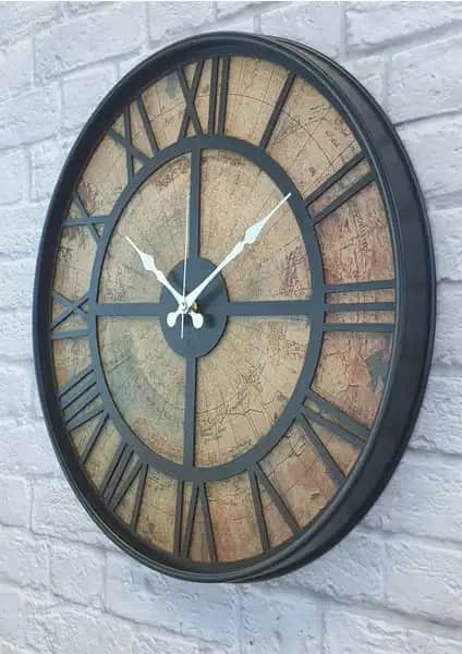 Markakanvas Metal Kasalı Eski Dünya Haritalı Duvar Saati Dekoratif ve Dayanıklı Tasarım