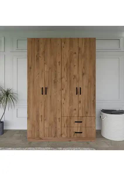Midoser Yaman Açık Ceviz Renkli 4 Kapılı ve 2 Çekmeceli Modern Gardırop