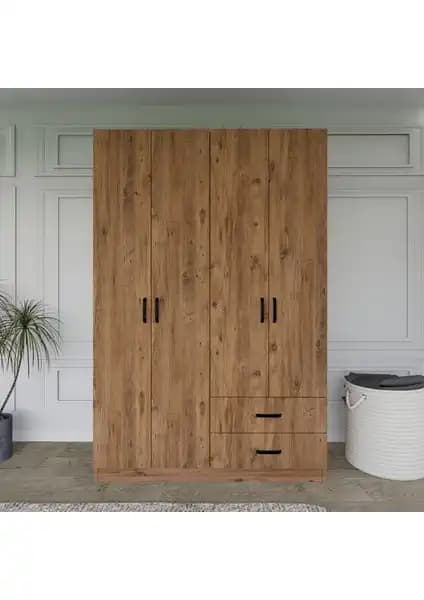 Midoser Yaman Açık Ceviz Renkli 4 Kapılı ve 2 Çekmeceli Modern Gardırop